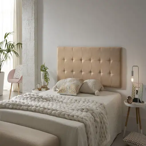Cabecero De Cama 110 Capitone Cuadros Tela Antimanchas 112X57X5Cm Camel Claro