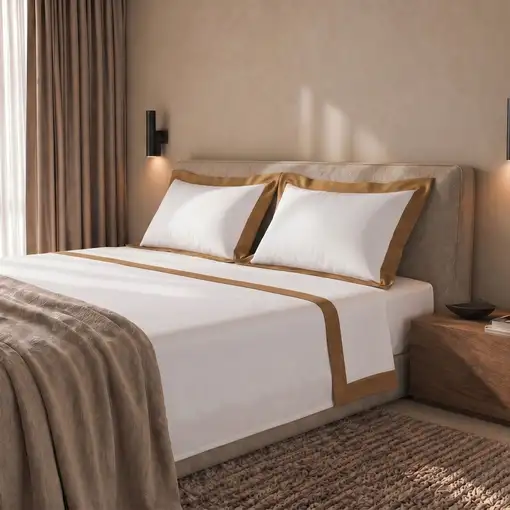 Juego de Sábanas Cama Individual en Algodón con Aplicación de Satén Beige
