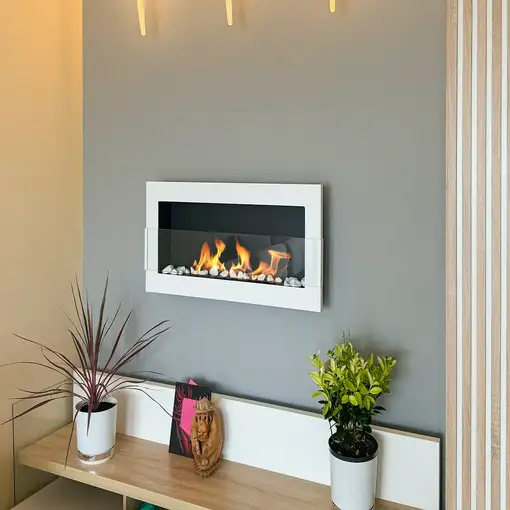 Chimenea de bioetanol mural 90 x 40 cm blanco brillo – con cristal, llama c