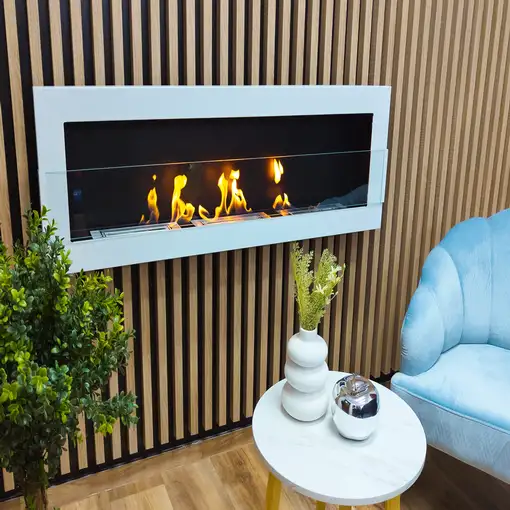 Chimenea de bioetanol mural 90 x 40 cm blanco brillo – con cristal, llama c