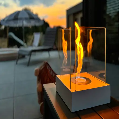 Chimenea bioetanol sunset garden mini blanca con cristal