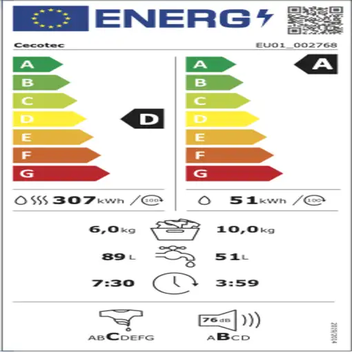 Lavadora-secadoras 6 / 10 kg 1400 rpm Blanco A01_EU01_002768 CECOTEC