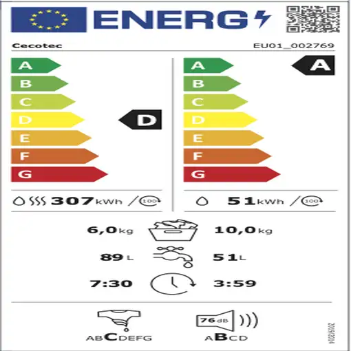 Lavadora-secadoras 6 / 10 kg 1400 rpm Acero inoxidable A01_EU01_002769 CECOTEC