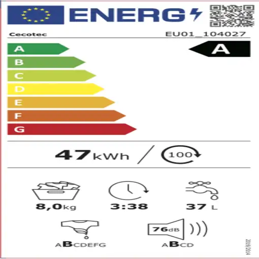Lavadora carga frontal 8 kg 1400 RPM Negro A01_EU01_104027 CECOTEC