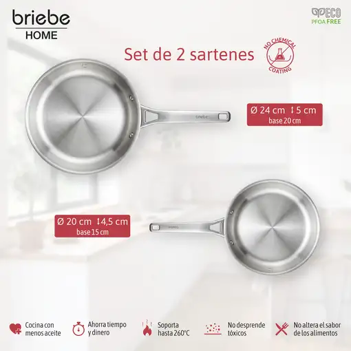 briebe Pure Inox Juego de 2 Sartenes Acero Inoxidable Inducción 20-24 cm