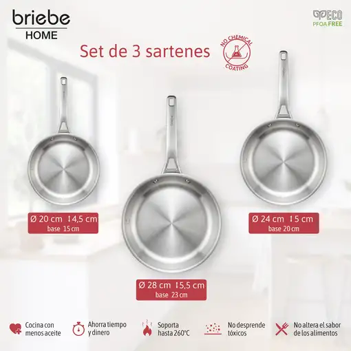 briebe Pure Inox Juego de 3 Sartenes Acero Inoxidable Inducción 20-24-28 cm