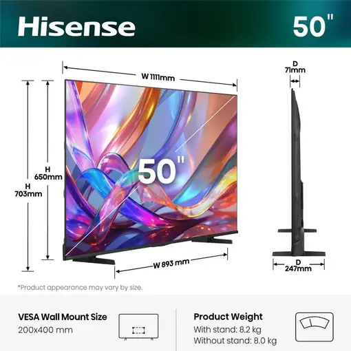 Televisor DLED 50" 4K Ultra HD Negro Smart 20018310 HISENSE