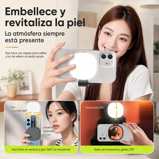 Espejo Selfie Magnético Klack para Móvil con Luz LED, Giro 360° y 270°
