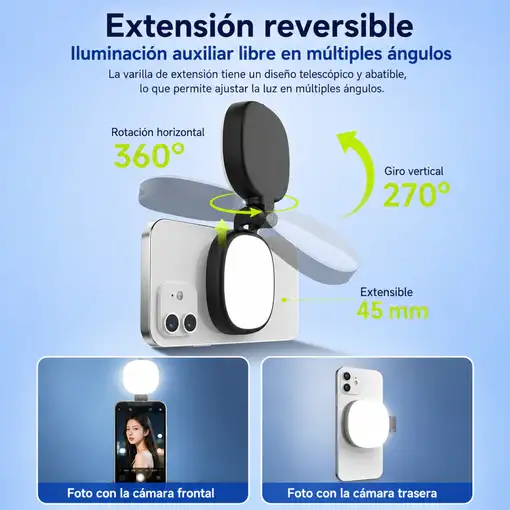 Espejo Selfie Magnético Klack para Móvil con Luz LED, Giro 360° y 270°