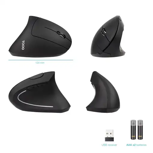 TooQ Ratón Inalámbrico Ergonómico Vertical 3200 DPI, 6 botones, Negro