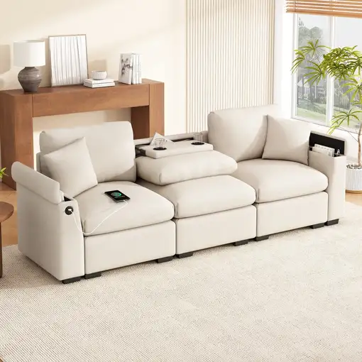 Sofá CollaHausse en chenilla, con cojines, mesa abatible, puerto USB, portavasos Sofá CollaHausse en chenilla, con cojines, mesa abatible, puerto USB, portavasos