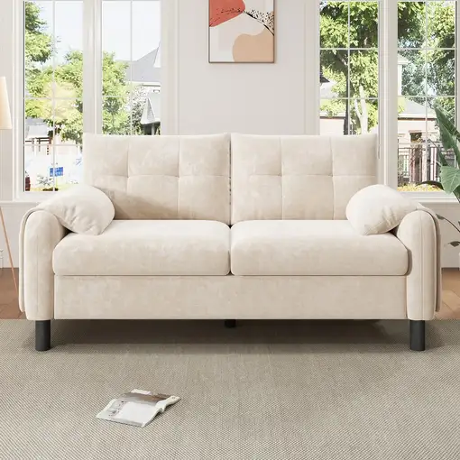 Sofá CollaHausse en chenilla, 2 plazas, Cojines gruesos, Escandinavo, Beige