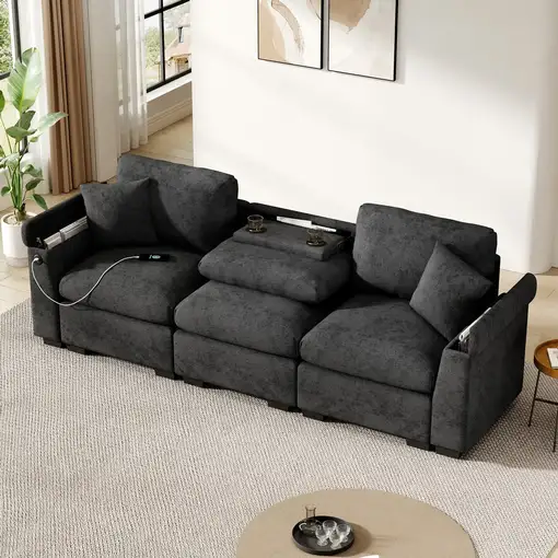 Sofá CollaHausse en chenilla, con cojines, mesa abatible, puerto USB, portavasos Sofá CollaHausse en chenilla, con cojines, mesa abatible, puerto USB, portavasos