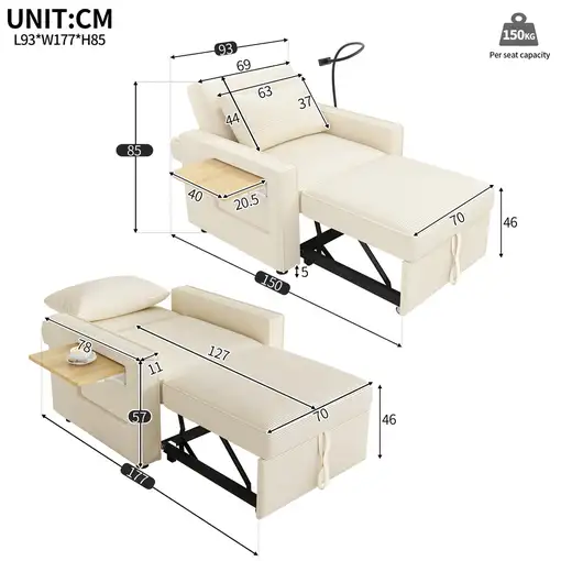 Sofá cama CollaHausse en terciopelo acanalado, Plegable, Multifuncional