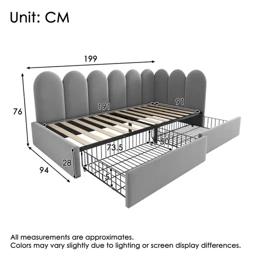 Cama CollaHausse en terciopelo, Con cajones, Con somier de láminas 90x190cm