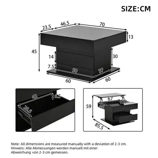 Mesa de centro CollaHausse Tablero giratorio 360°, Altura ajustable 70x70x45cm