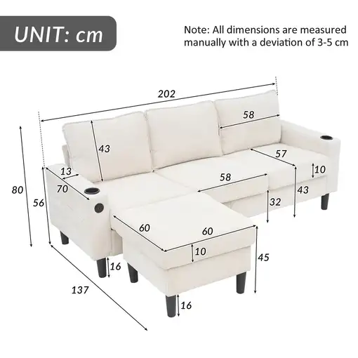 Sofá CollaHausse en tela, ángulo en L, sofá cama, puertos USB, puerto Type-C