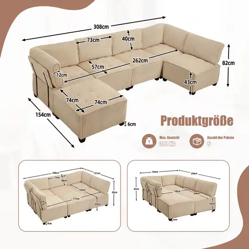 Sofá modular CollaHausse de pana, Modular, Ergonómico, Bolsillos de almacenamiento