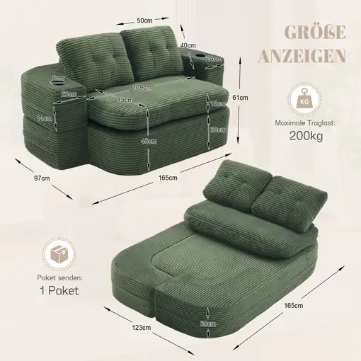 Sillón cama CollaHausse en terciopelo acanalado, 2 en 1, Función de cama