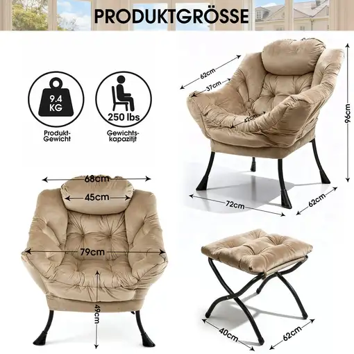 Sillón CollaHausse con puf, reposabrazos, bolsillo lateral, reposapiés