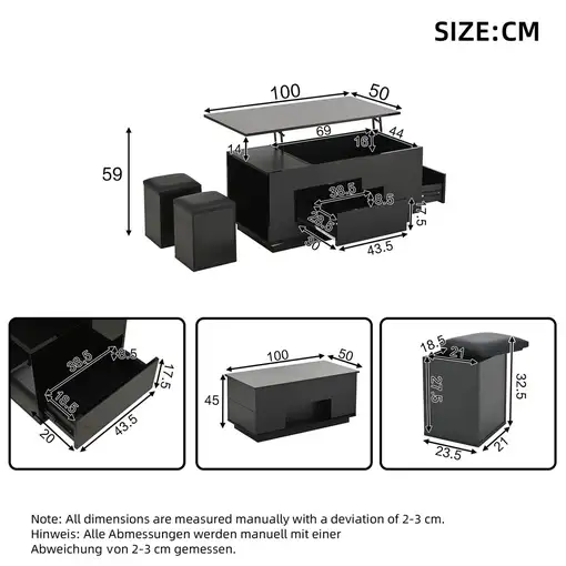 Mesa de centro CollaHausse 4 en 1, Altura ajustable 100x50x45cm