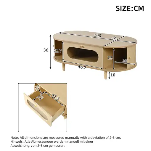 Mesa de centro CollaHausse en madera, 1 cajón, puerta corredera 100x50x36cm