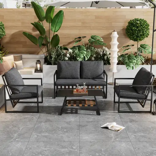 Conjunto de salón de jardín CollaHausse en tela, Sofá, Mesa de centro, Cojines