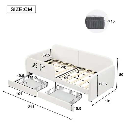 Cama CollaHausse en terciopelo, Somier de láminas 90x200cm