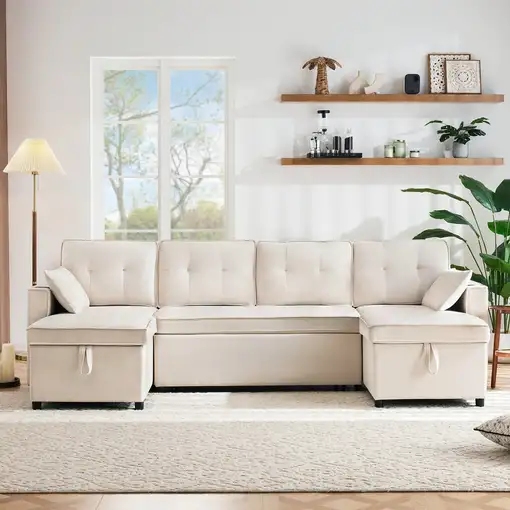 Sofá cama CollaHausse en algodón y lino, Función de cama, Forma en U Sofá cama CollaHausse en algodón y lino, Función de cama, Forma en U