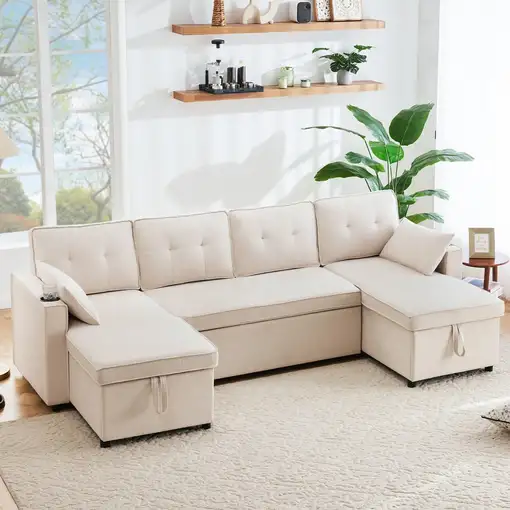 Sofá cama CollaHausse en algodón y lino, Función de cama, Forma en U