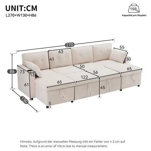 Sofá cama CollaHausse en algodón y lino, Función de cama, Forma en U