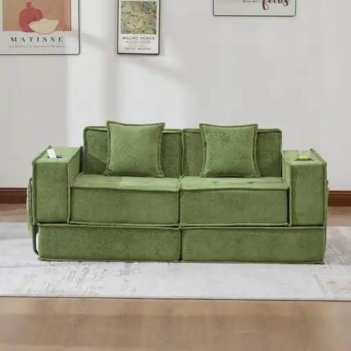 Sofá cama CollaHausse en tela, Dos plazas, Dos cojines incluidos, Reposapiés