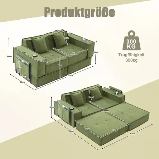 Sofá cama CollaHausse en tela, Dos plazas, Dos cojines incluidos, Reposapiés