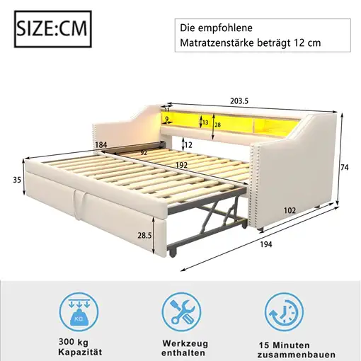 Cama CollaHausse Extensible, Superficie de descanso 90/180x190 cm 90/180x190cm