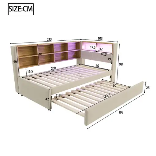 Sofá cama CollaHausse de franela, Bombillas altamente eficientes 90x200cm