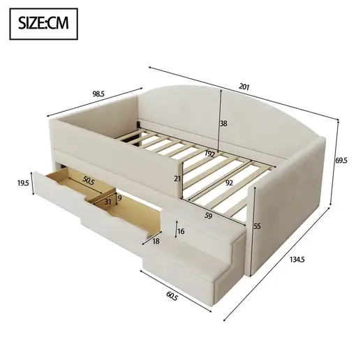 Cama CollaHausse en terciopelo, Multifuncional, Dos cajones 90x190cm