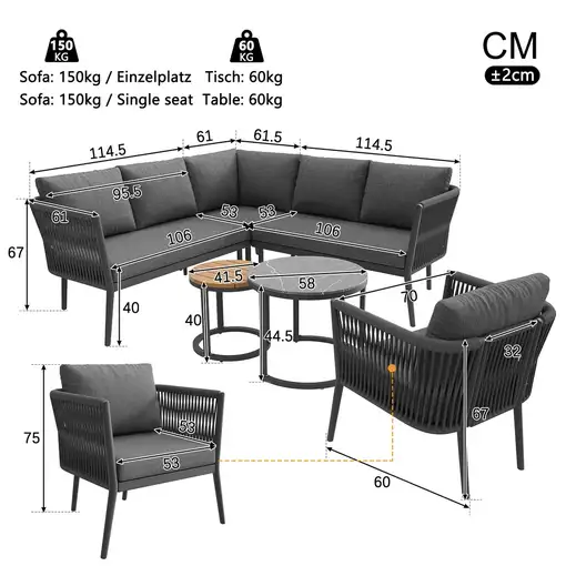 Conjunto de salón de jardín CollaHausse en cuerda, Modular, 6 piezas