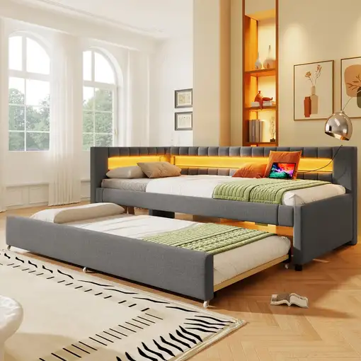 Cama CollaHausse en lino, LED con mando a distancia 90x200cm Cama CollaHausse en lino, LED con mando a distancia 90x200cm