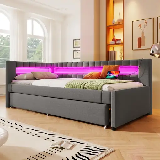 Cama CollaHausse en lino, LED con mando a distancia 90x200cm