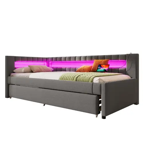 Cama CollaHausse en lino, LED con mando a distancia 90x200cm