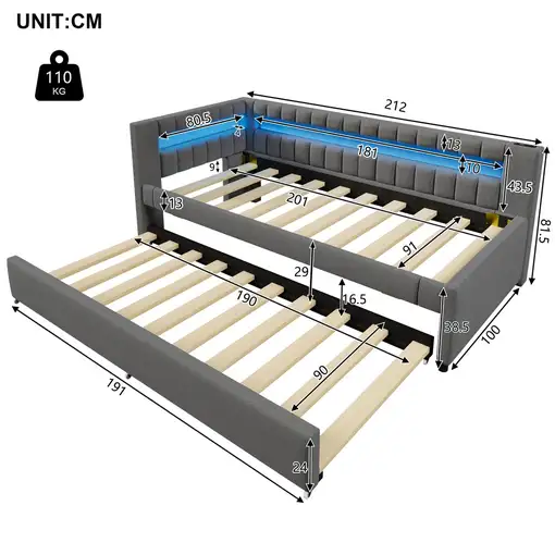 Cama CollaHausse en lino, LED con mando a distancia 90x200cm