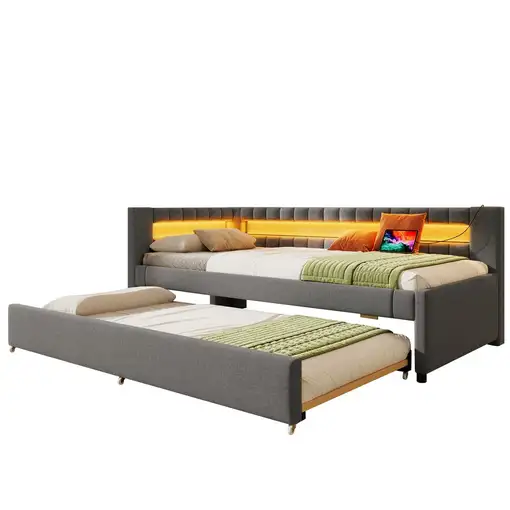 Cama CollaHausse en lino, LED con mando a distancia 90x200cm