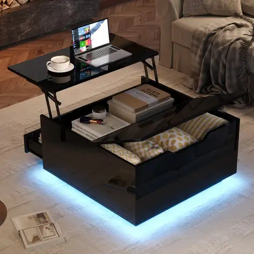 Mesa de centro CollaHausse 70x70x38cm, Altura ajustable, Tira LED 70x70x38cm