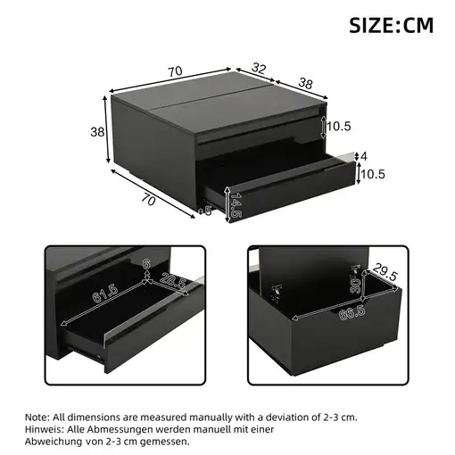 Mesa de centro CollaHausse 70x70x38cm, Altura ajustable, Tira LED 70x70x38cm