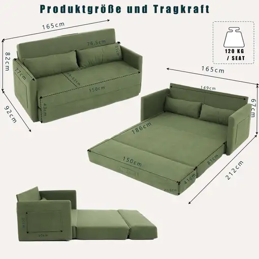 Sofá cama CollaHausse en terciopelo acanalado, 2 en 1, Plegable 165x92x82cm