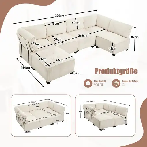 Sofá modular CollaHausse de pana, Modular, 6 plazas, Ergonómico 308cm
