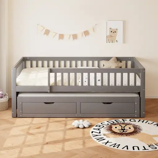 Sofá cama CollaHausse de madera maciza, Cama nido, 2 cajones 90x200cm