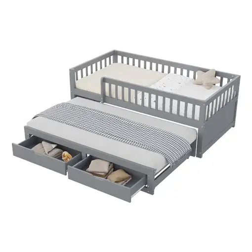 Sofá cama CollaHausse de madera maciza, Cama nido, 2 cajones 90x200cm