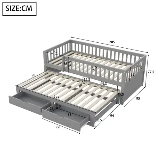 Sofá cama CollaHausse de madera maciza, Cama nido, 2 cajones 90x200cm