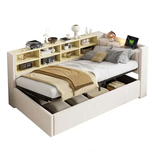 Cama CollaHausse en terciopelo, 90x200 cm, Con almacenamiento hidráulico 90x200cm
